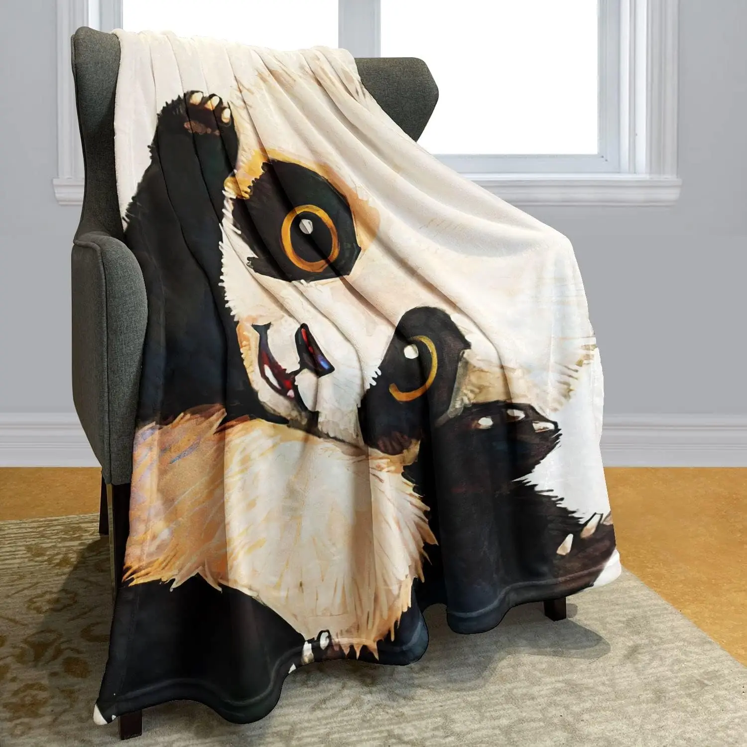 Smiles Cute Panda Blanket, Crooked Head with Hands Raised in a Naive Way, Warm and Soft for Children and Adults, 60