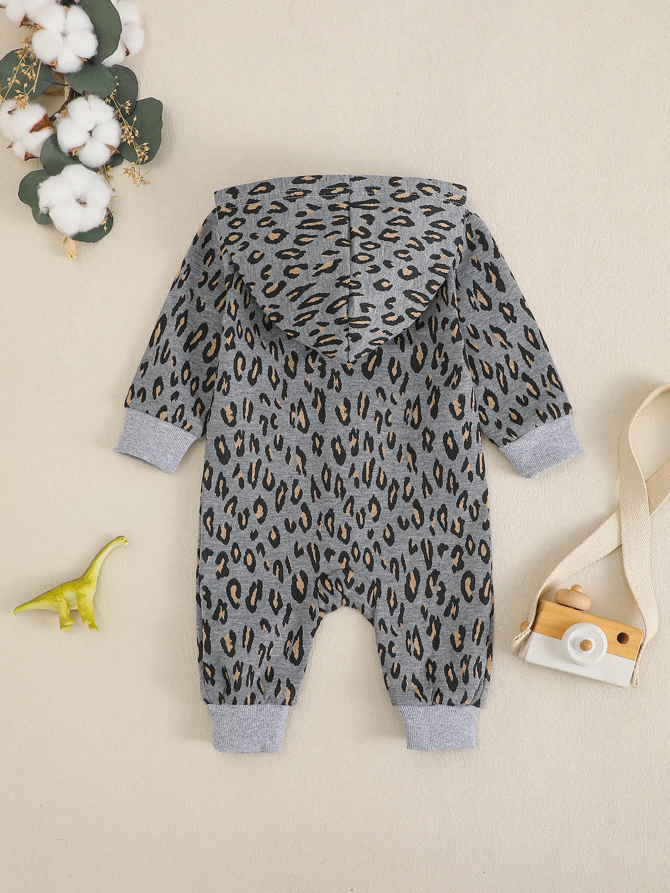 Baby Spring Autumn Gray Leopard Print Hat Long Sleeve Romper Suit for Infants Toddler Clothing All-in-One Suit with Hat