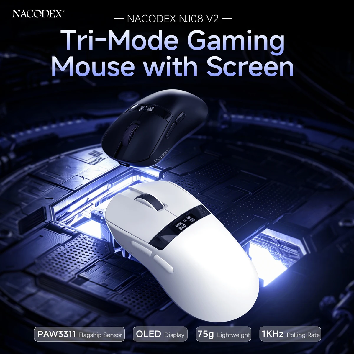 AJAZZ NJ08 V2 Tri-Mode Office and Gaming Mouse, Cost-Effective Lightweight Small-Handed Mouse with Screen