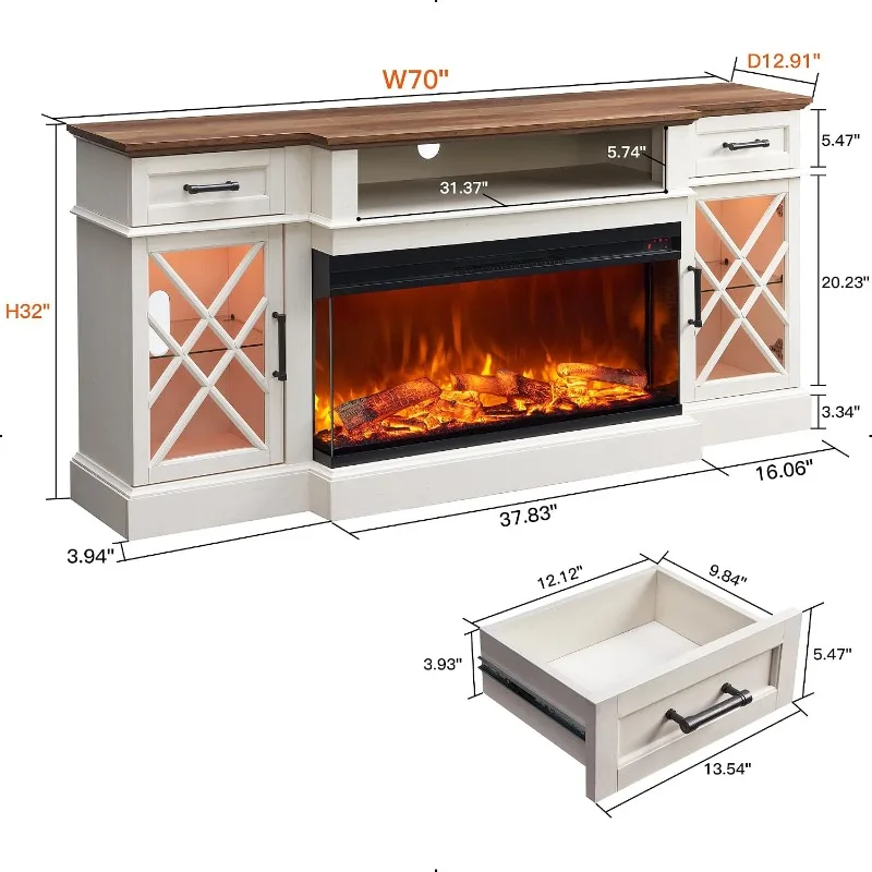 OKD 3-Sided Glass Farmhouse Electric Fireplace TV Stand for TVs up to 80'', Highboy Entertainment Center with Glass Door Storage