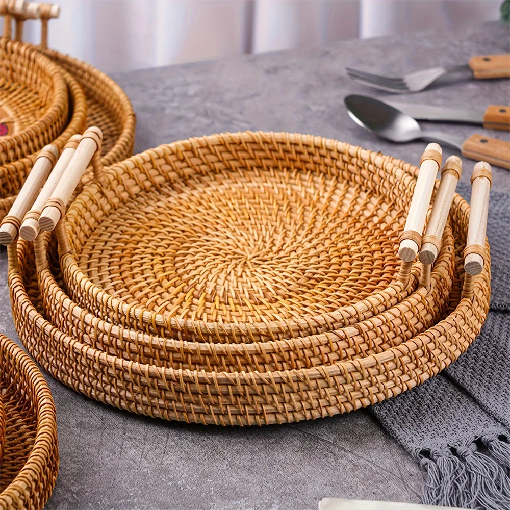 Handwoven Rattan Serving Tray With Handles - Round, Non-Slip Wicker Basket For Bread & Fruit - Perfect For Home Decor