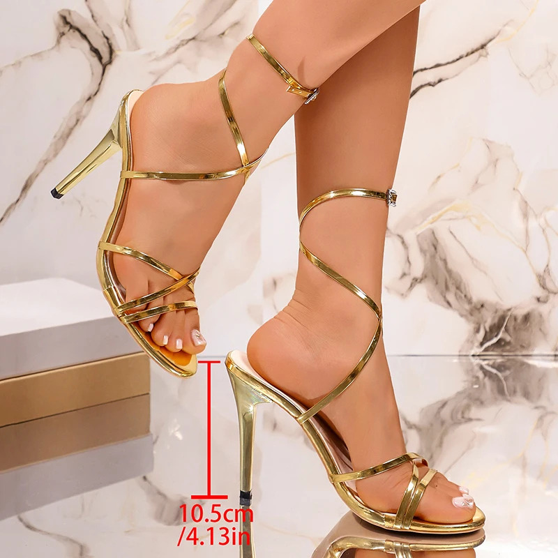 Luxury Gold High Heel Party Shoes Women 2026 Summer Pointed Toe Stiletto Heeled Sandals Woman Metallic Ankle Strap Wedding Shoes view 5
