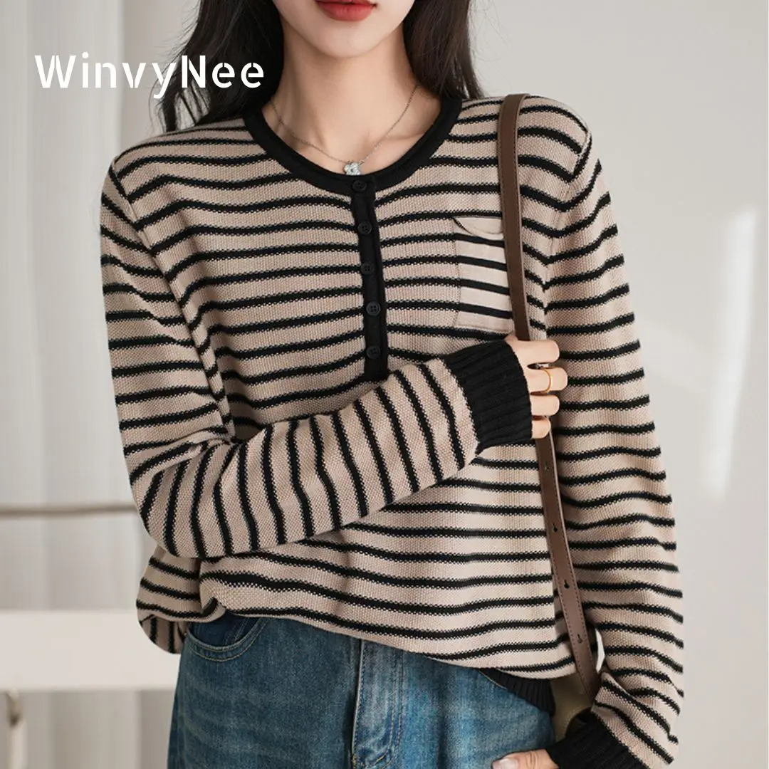 

WinvyNee Women Cotton Long Sleeve Pullovers Striped Casual Warm Outerwear Knitwear Tops Autumn Winter Women Clothing A1572002