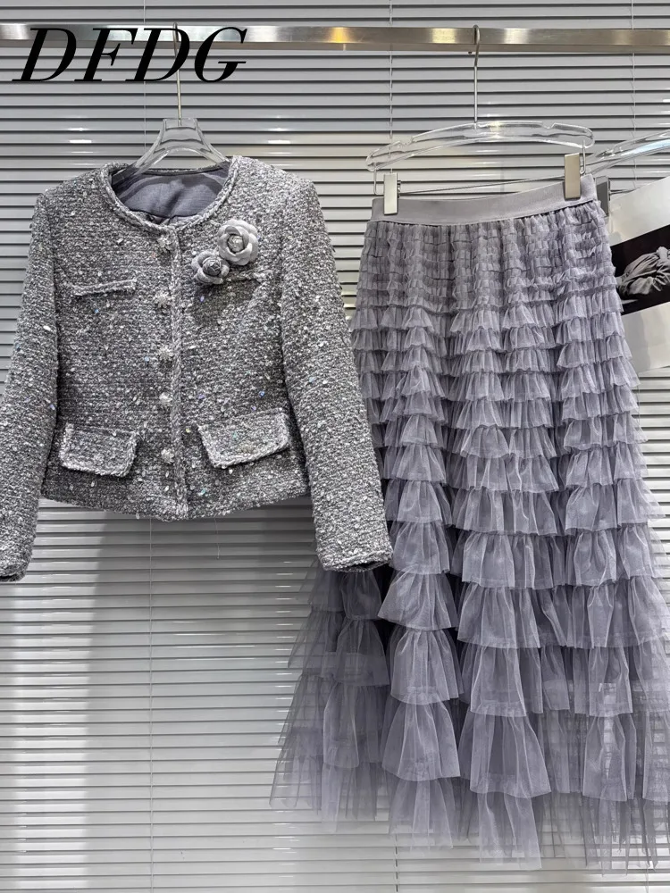 

DFDG 2025 Winter Women’s Tweed Quilted Short Coat Sheer Long Dress Set Minimalist Chic Designer Outfit Autumn Spring Set