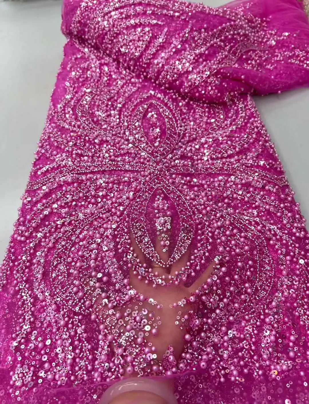 

African Tulle Lace Fabric 2025 French Net Sequins Fabric Sewing Embroidery Luxury Beads Lace Tulle Mesh Nigeria Dress 5 Yards
