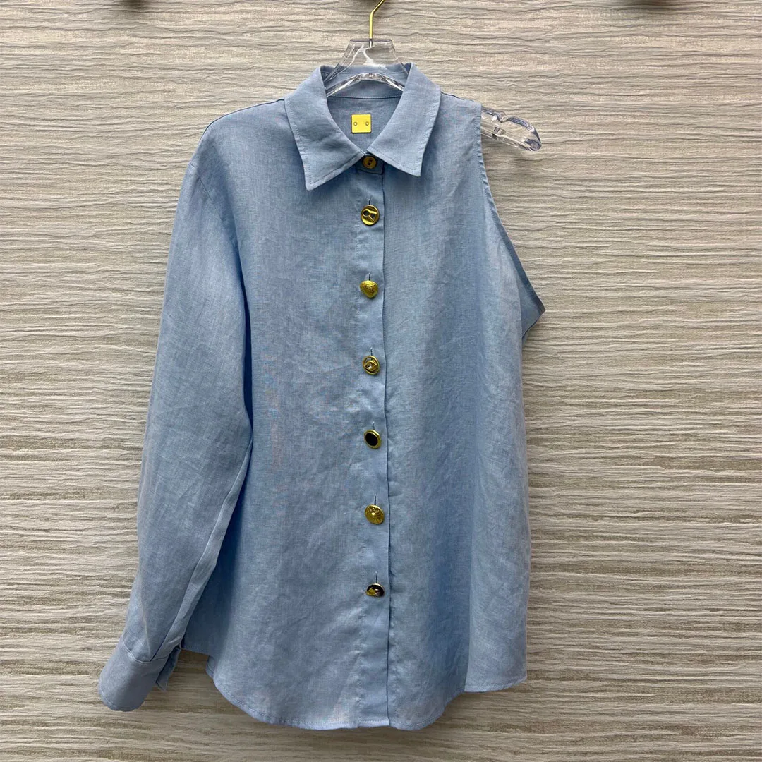 

High Quality Cotton Linen Shirt Women 2025 New Fashion Lapel Novelty Single Shoulder Sleeve Gold Buttons Loose Casual Blouse