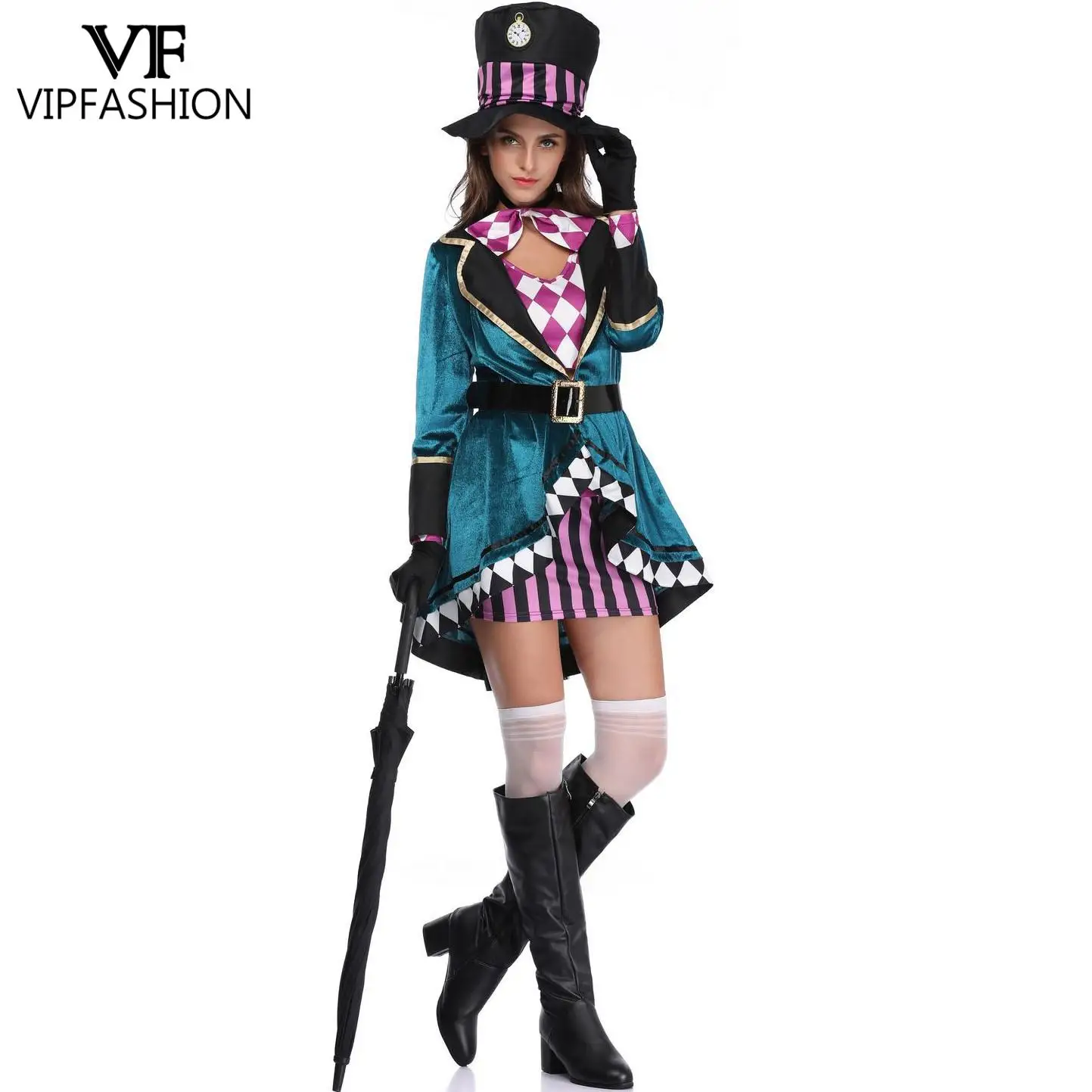 VIP FASHION Alice hechicera disfraz de Halloween mago de circo traje de actuación ropa de fiesta elegante con sombrero vestido Medieval