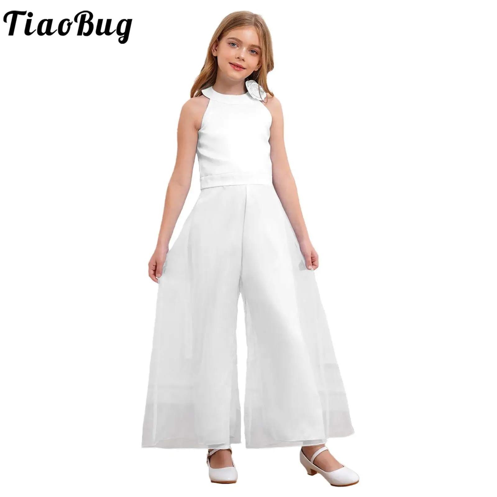 Girls Elegant Flower Brooch Rompers Halter Neck Sleeveless Wide Leg Pants Jumpsuit for Evening Wedding Birthday Party Banquet