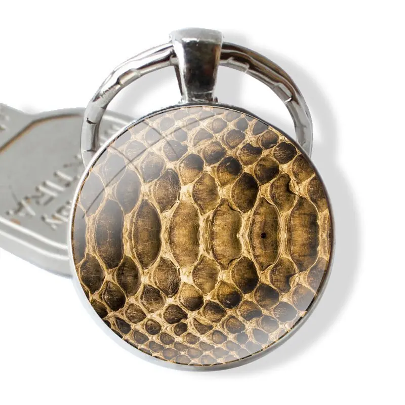 Keychain Handmade Glass Cabochon Key Ring Holder Pendant Key Chains python yellow gold Snake skin