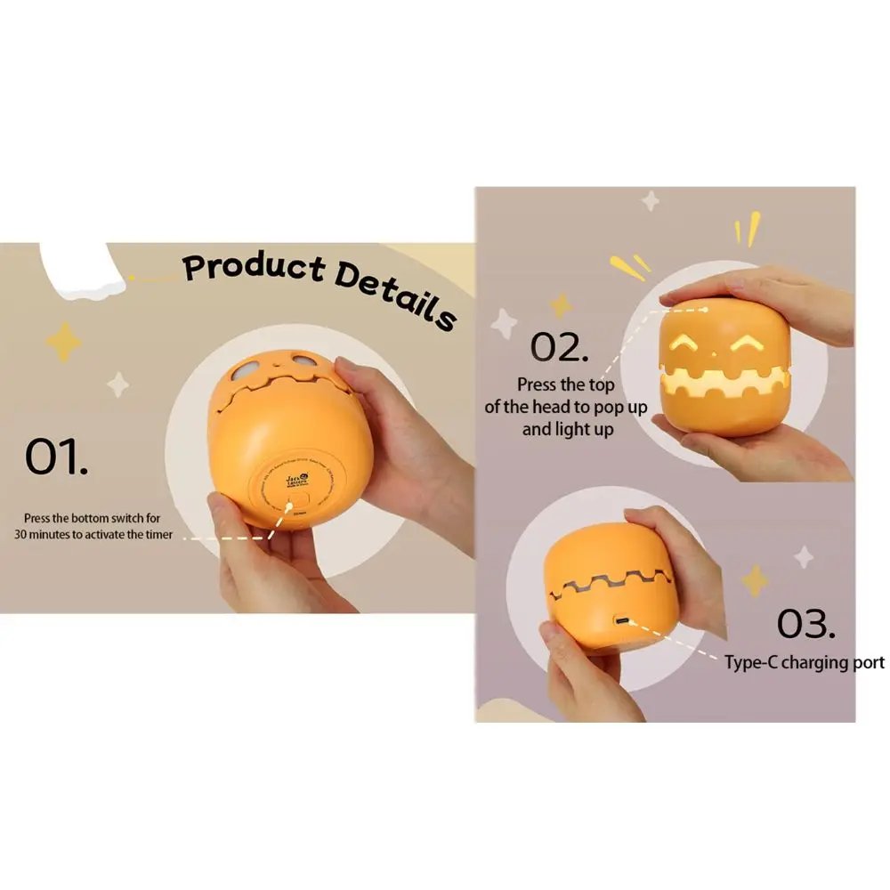 Halloween Ghost Pumpkin Lights Rechargeable Orange LED Nightlights With Timer Function With Smiling Face Nightstand Lamp