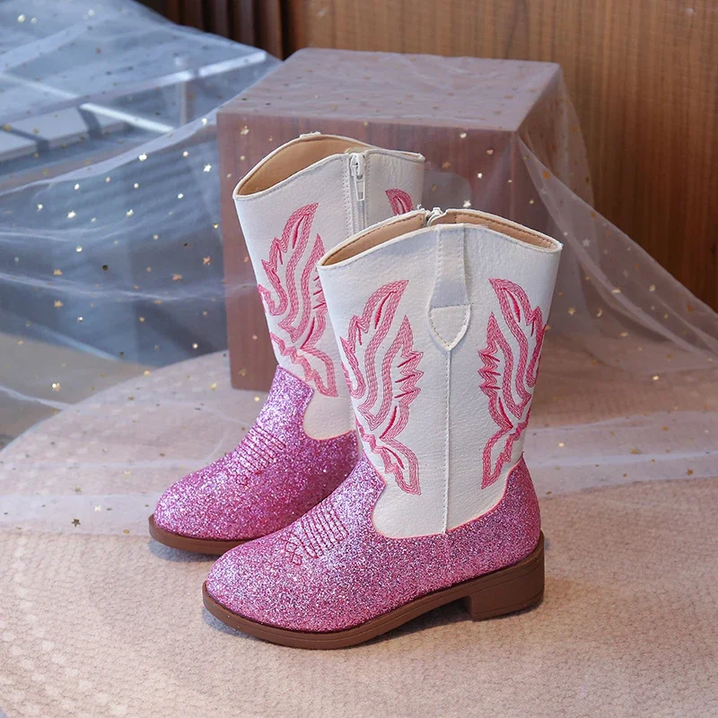 Kinder Mädchen Rosa Glitzer Western Cowboystiefel, Besticktes Design, Seitenreißverschluss, Rutschfeste Sohle für Verkleidungen & Freizeitkleidung EU-Größe – Detail 3