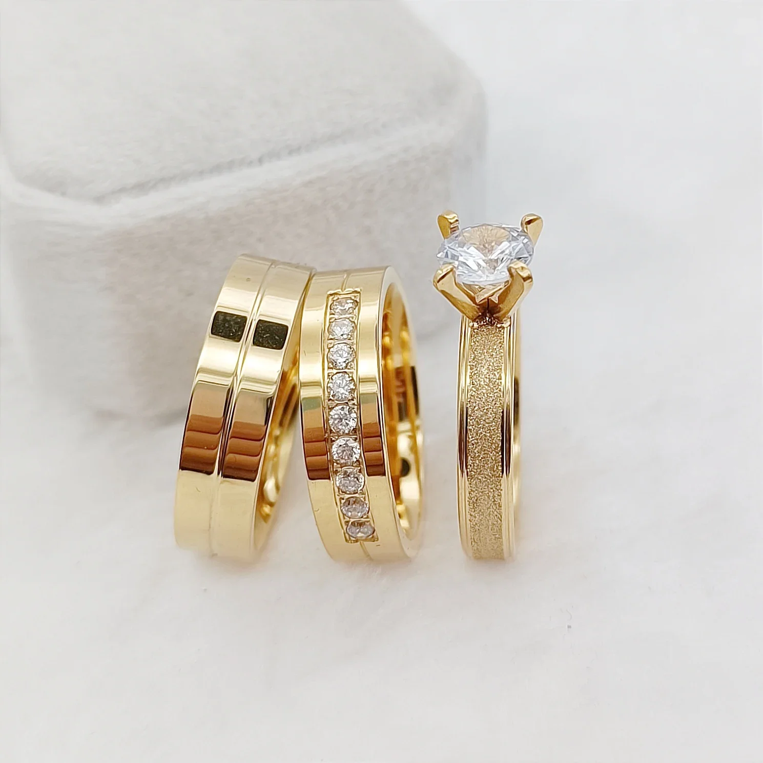 Elegance 3pcs 18K Gold Plated Wedding Engagement Rings Set for Men And Women Alliance Couple Bridal Jewelry Gifts