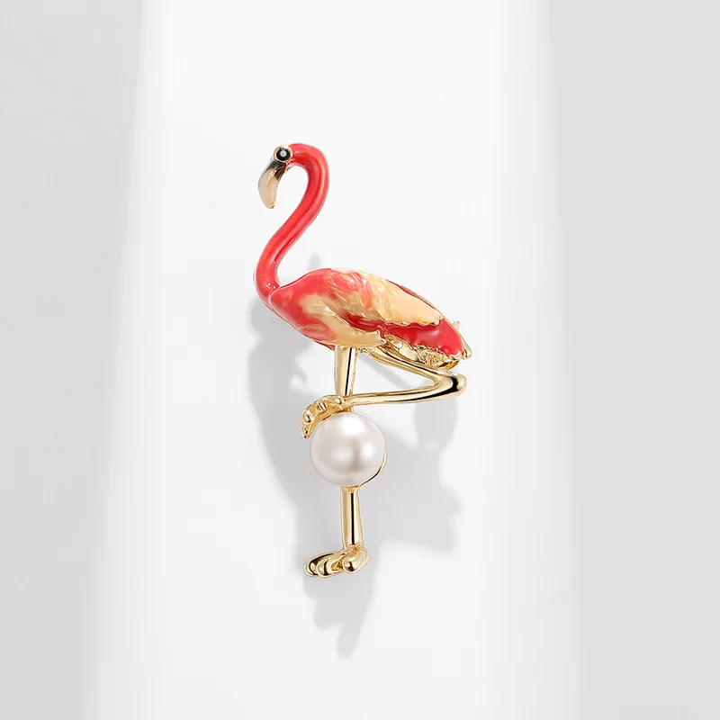 

Versatile Enamel Flamingo Brooch With Freshwater Pearl For Women Jewelry Gift Wholesale