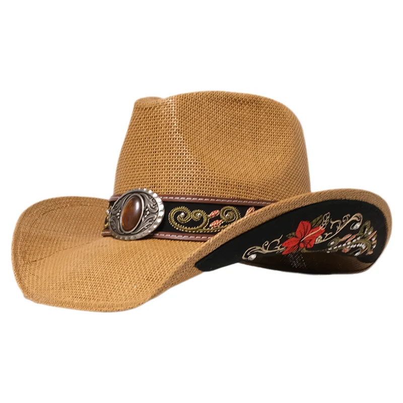 

Retro Ethnic Style Leather Band Women Men Hard Straw Wide Brim Outdoor Beach Cowboy Cowgirl Western Sun Hat Sunscreen