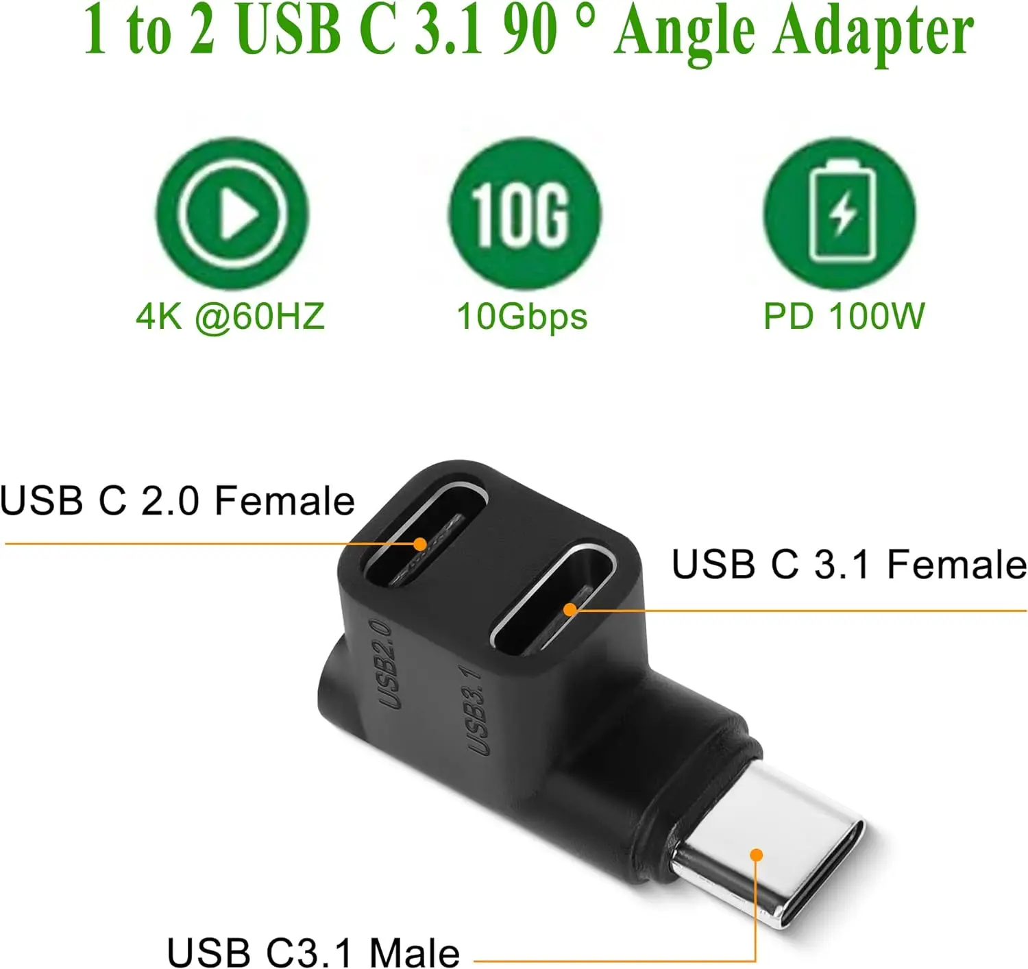 USB3.1 Type C Male to Dual Female Power Data Splitter Adapter Up Angled Compatible with Steam Deck Laptop 10Gbps