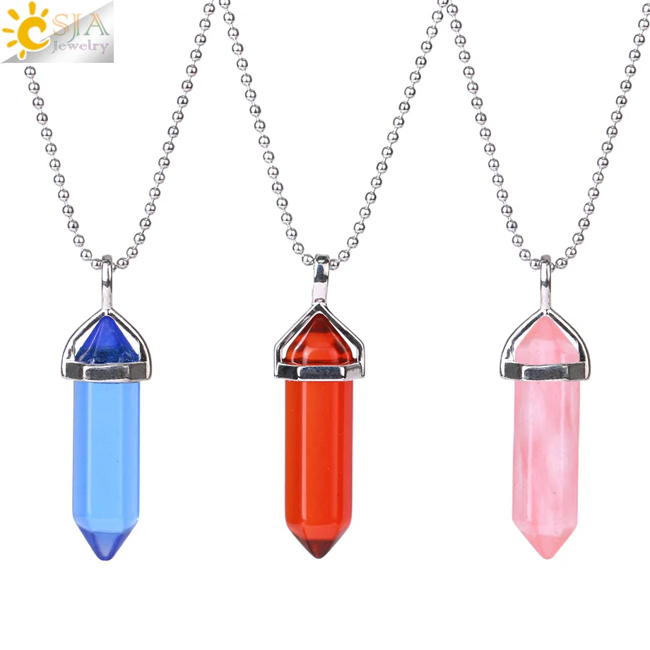 CSJA 1pc E001 Bullet Shape Pendant NecklacesHexagonal Prism Blue Green Glass Cat Eye Pointed Pendants Fashion Women Jewelry E060