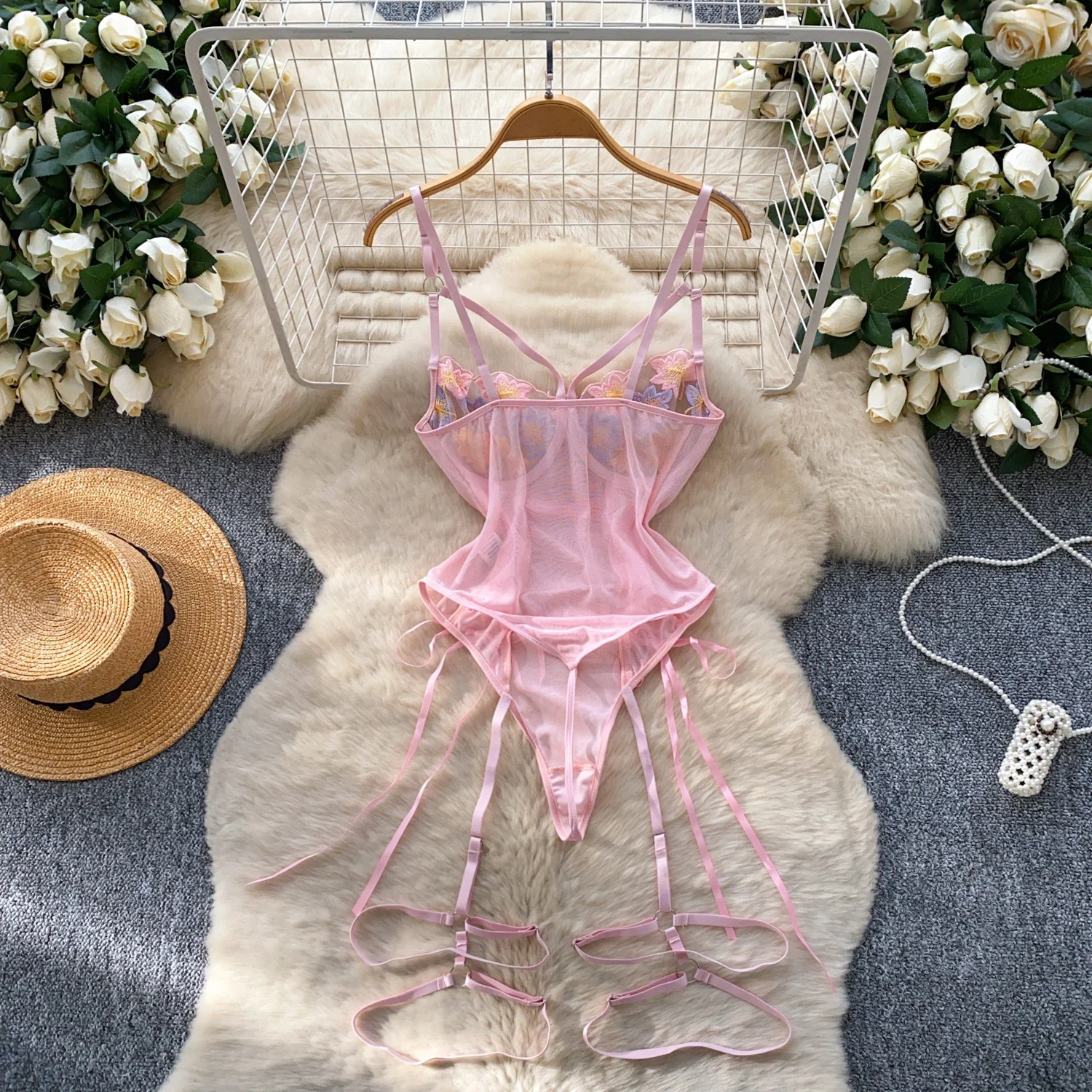Women Hollow Out Sexy Lingerie Nightwear 2025 Strap Lace Up Backless Embroidery Cosplay Floral Mesh Erotic Bodysuits