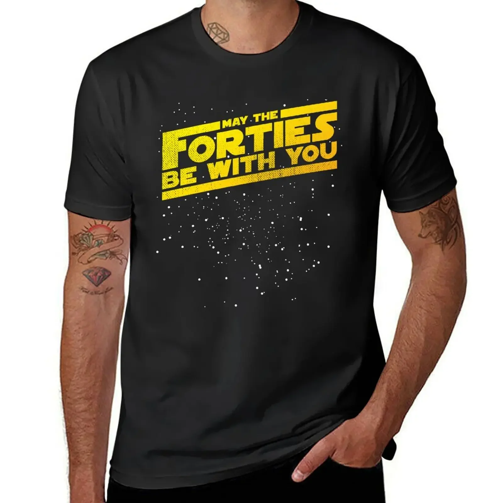 

May The Forties Be With You Vintage 40th Birthday Distressed Star Illustration T-Shirt graphic tee shirt mens designer t shirt