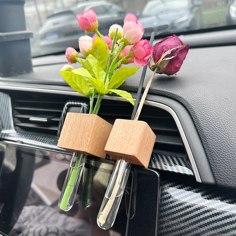 Refrigerator Magnet Wooden Test Tube Vase DIY Glass Flower Arrangement Tube Magnetic Simulation Flower Vase Home Kitchen Decor