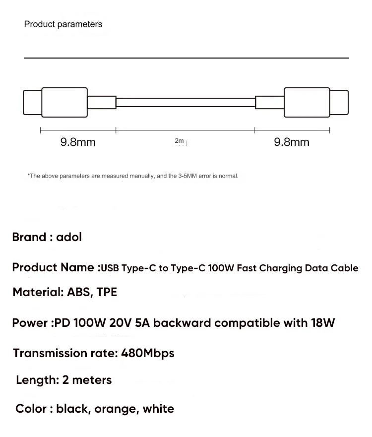 Kabel danych ASUS Adol Type-C 100W do szybkiego ładowania C do C dla telefonów laptopów tablety przełączają konsole do gier kabel szybkiego ładowania