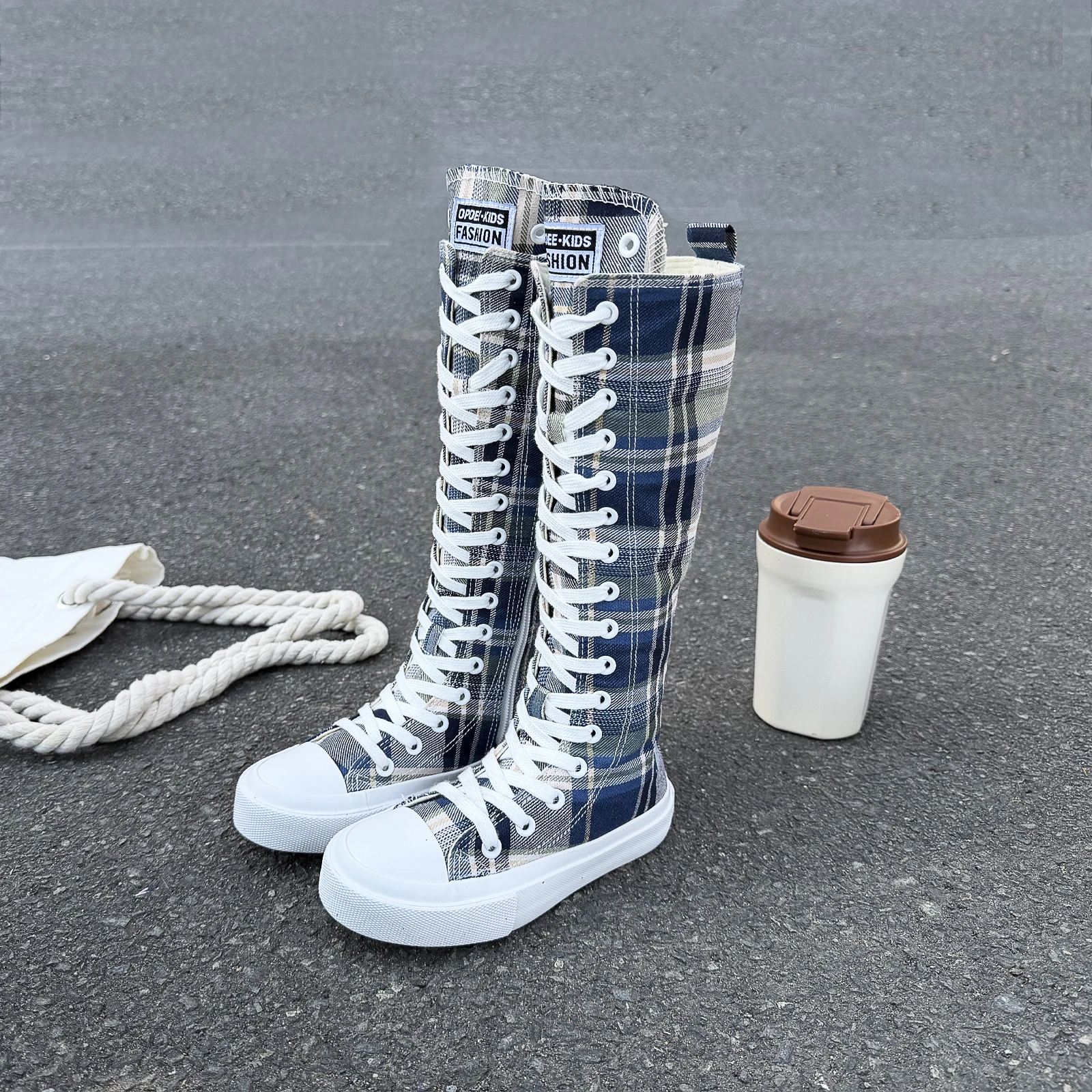 Fashionable Soft Soled Breathable High Tube Children's Canvas Shoes, Checkered Boys' and Girls' Boots, Lace Up Cloth Shoes, Chil