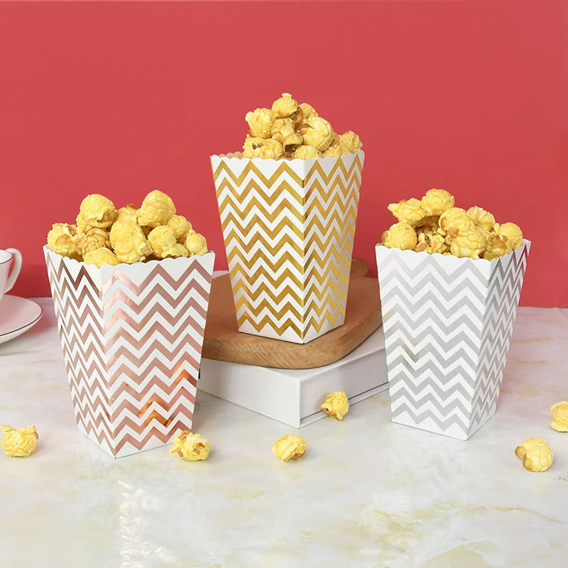 6/12Pcs Popcorn Box Rose/Gold/Silver Stripe Wave Dot Popcorn Container Movie Party Pop Corn Candy/ Snack Favor Treat Box Case