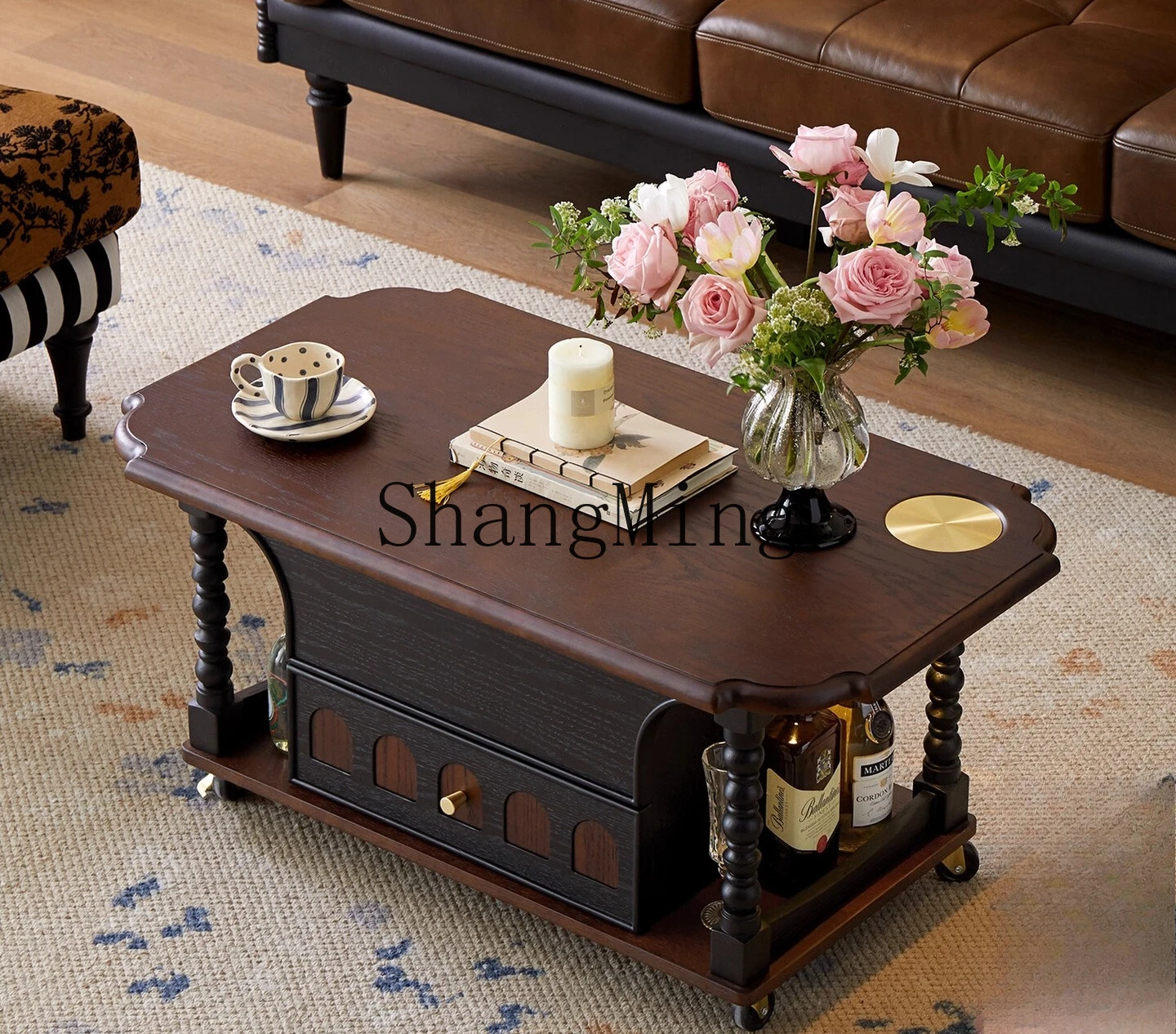 

FG retro solid wood coffee table living room household small coffee table balcony large board tea table