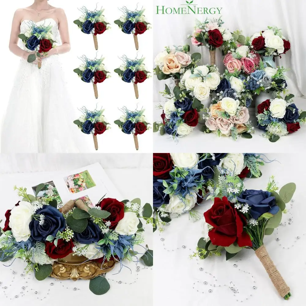 

6-Piece Bridesmaid Bouquets - 7 Artificial Burgundy, Navy Blue & White Flowers for Weddings & Anniversaries