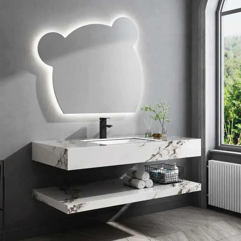 Custom Bear Smart Mirror Bathroom Cabinet Set with Rock Slab Ceramic Basin Double Layer Washbasin Combo Modern Vanity Unit