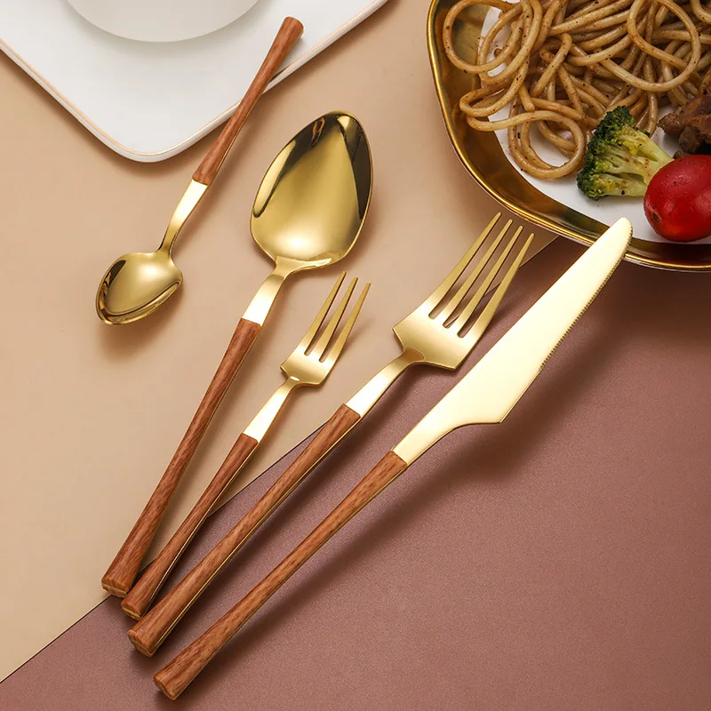 30Pcs Stainless Steel Golden Cutlery Set Dinnerware Korean Complete Tableware Dining Tables Imitation Wooden Handle Utensils