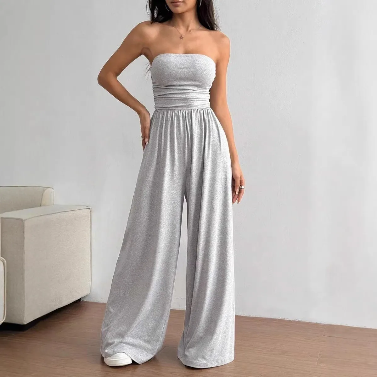 Spring Women's Clothing Strapless Wide Leg Jumpsuit High Waist Full Length Pants For Woman Polyester Casual Streetwear Style