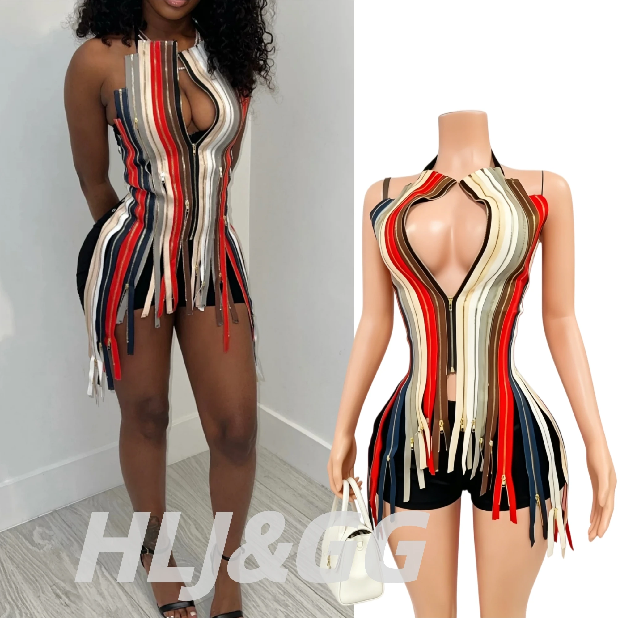 

HLJ&GG Sexy 2 Pieces Set for Woman Color Block Zipper Irregular Backless Crop Top and Shorts Matching Female Streetwear New