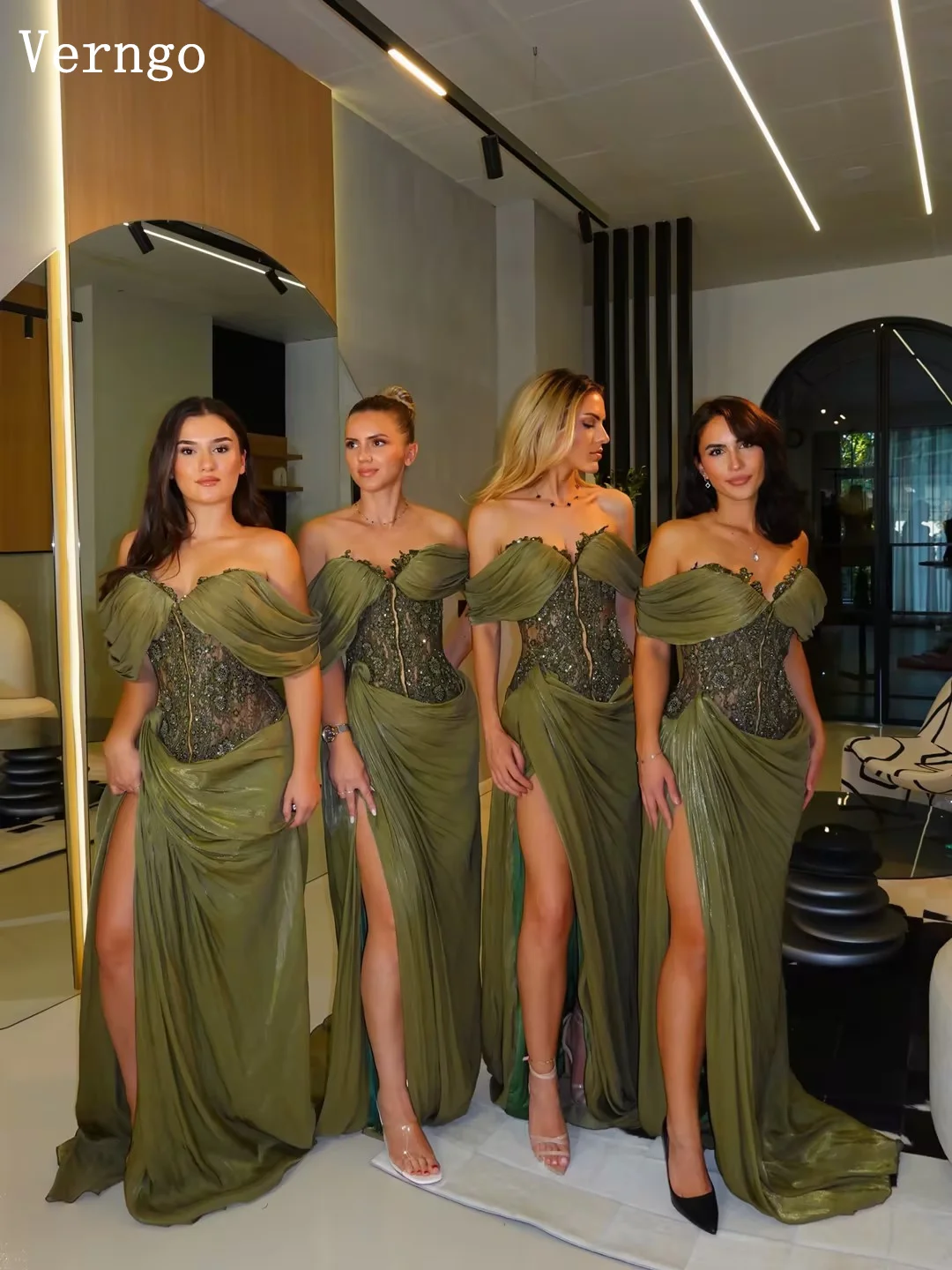 Verngo Olive Green Shiny Prom Gown Off The Shoulder Side Slit Party Dress Floor Length Bridemaid Dresses Customized 4