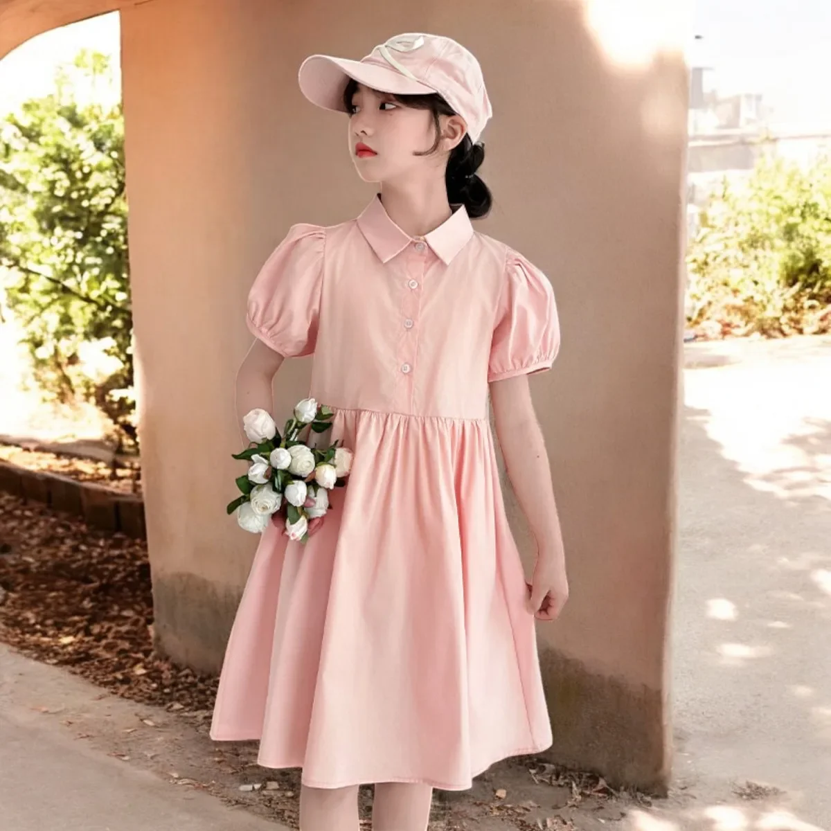 

Baby Kids Pink Shirt Dresses for Girls School Outfits Party Summer Short Sleeve Children Princess Costumes 5 7 8 10 11 13 Years