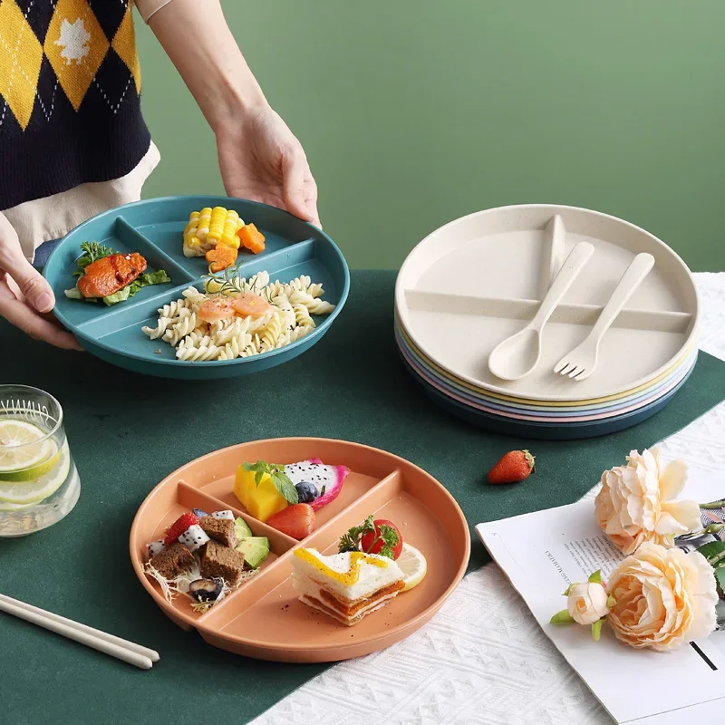 Plastic Wheat Straw Partitioned Dinner Plate Round Flatware Household Three-compartment Fixed Fat Reduction Tableware Kitchen