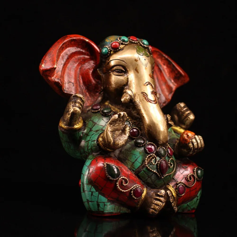 Nepal Style Pure Copper Handmade Ganesha Statue Gem Inlaid Gold Painted Home Altar Decor