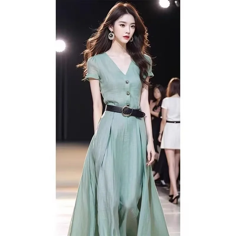 

Летнее высококачественное изысканное зеленое облегающее платье для женщин, элегантное темпераментное длинное платье с v-образным вырезом и коротким рукавом с поясом