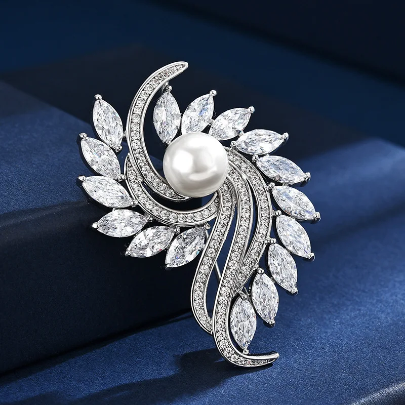 Chinese Style Auspicious Lucky Pearl Zircon Brooch For Women Elegant Shiny Flower Wing Lapel Pin For Suit Coat Wedding Jewelry