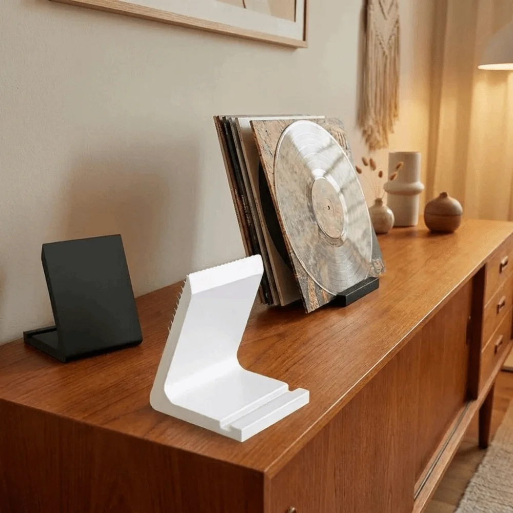 3D Printed Record Player Holder Plastic Slanted Support Vertical CD Holder Minimalist Front Stops Vinyl Record Stand Living Room