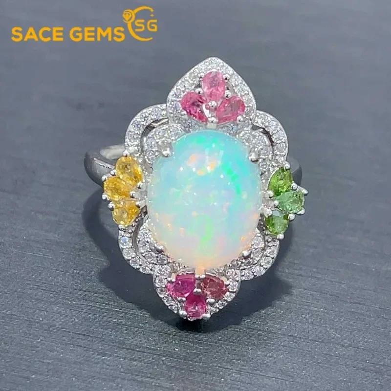 SACE GEMS New 925 Sterling Silver Certified 10*12MM Natual Opal Rings for Women Engagement Cocktail Party Fine Jewelry Gift