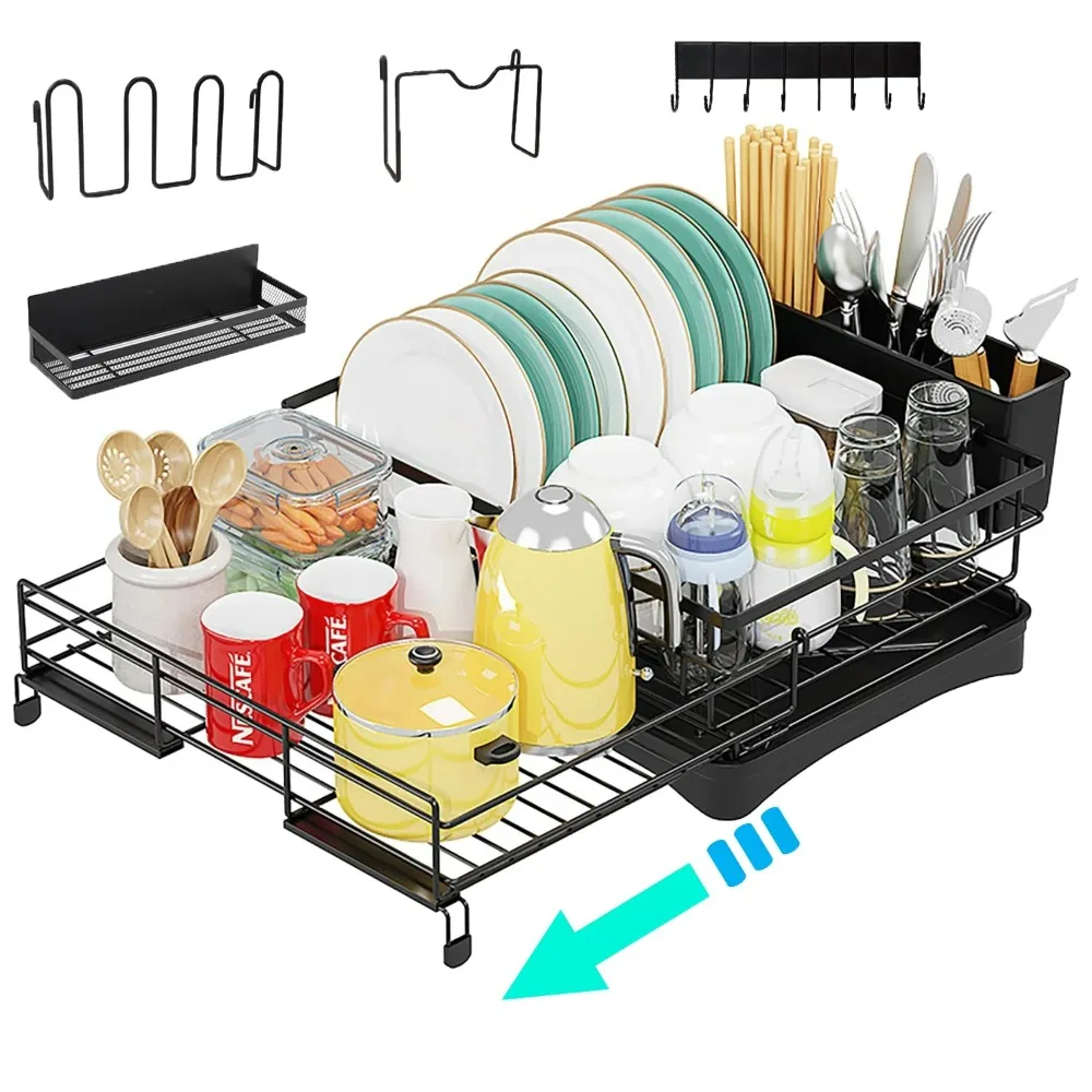 2-in-1 expandable dish drying rack kit, stainless steel dish rack kit, magnetic spice rack and refrigerator metal hooks