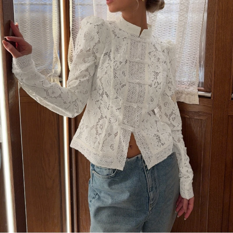 

Летние кружевные блузки с принтом, женские модные прозрачные топы с вырезами, винтажные полупрозрачные блузки, женские кружевные накидки-рубашки