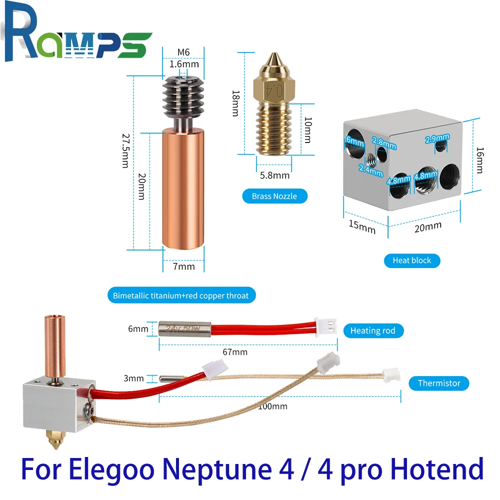 Für elegoo neptune 4 hotend kit düse für elegoo neptune 4 pro beheizter block bimetall heatbreak hals patronen heizung