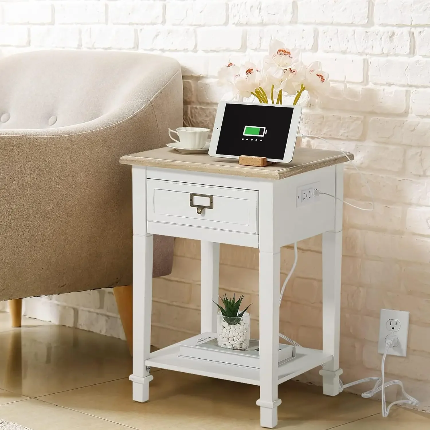 End Table with Charging Station,2 USB Ports and 2 Outlets,Nightstand Bedside Table with Drawer and Open Storage Shelf,for Living