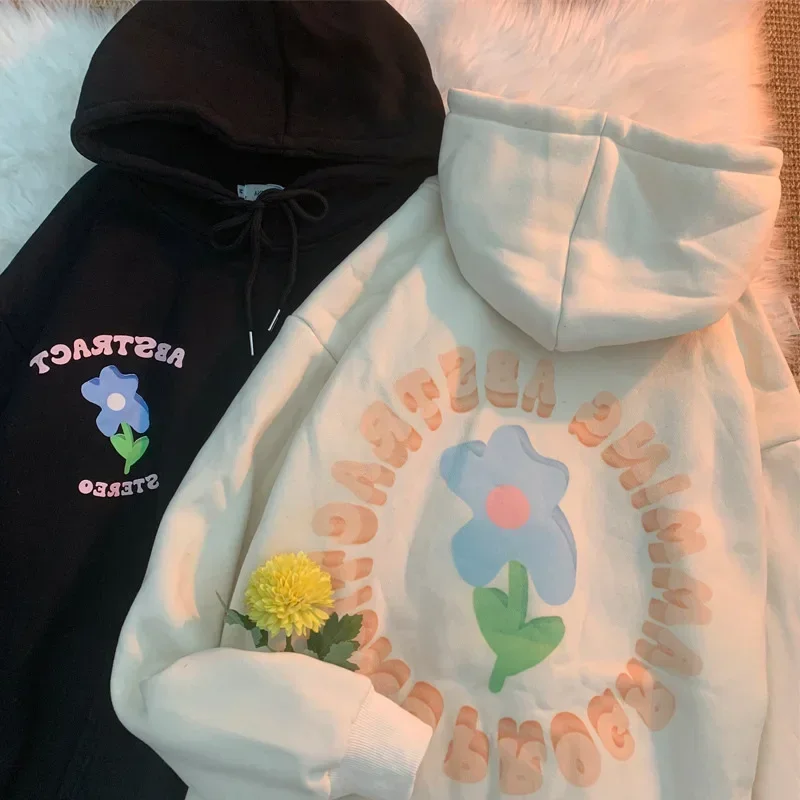 Autumn Flower Print Hoodies Women Streetwear Sleeve Female Sweatshirt Loose Fleece Ladies Y2k Winter Clothes Women Korean Style