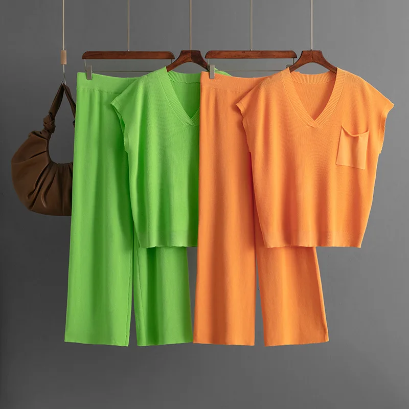 

2025 V-neck Pocket Short Sleeve T-shirts Top and Long Trouser Chic Two Piece Set New Loose Casual Fashion Knitting Summer B837