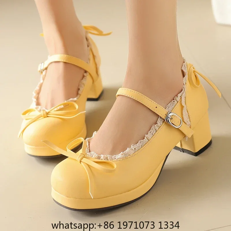 Women's Lolita Cosplay Mary Jane Pumps, Strap Platform Block Heel, Lace & Bow, Kawaii Vintage Dress Shoes Plus Size 31-50