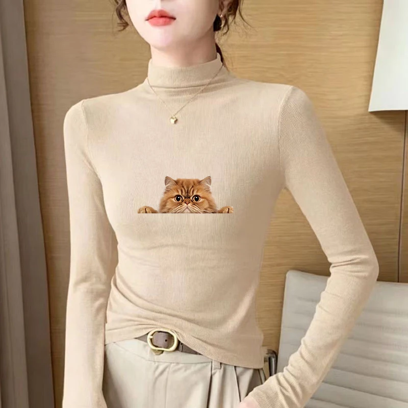 2026 New Autumn Winter Thermal Brushed Fleece Long Sleeve Graphic Print T shirt Blouses Female Warm Shirt Women Top