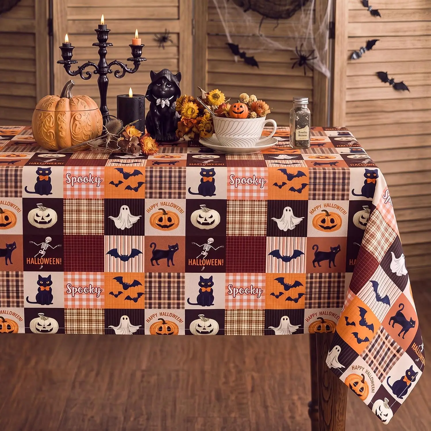 Halloween Pumpkin Ghost Skull Black Cat Tablecloth for Table Decor Washable Trick or Treat Kitchen Table Cloth Halloween Decor