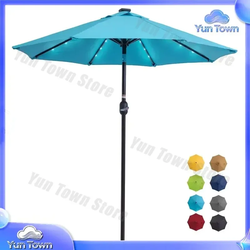 Danlong 7ft Sun Garden Center Pole Patio Umbrella for Outdoor Solar LED Parasol with Tilt Mechanism for Backyard Deck Pool